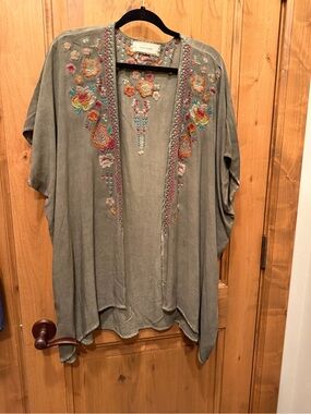 Olive Green Embroidered Open-Front Women's Kimono Tunic